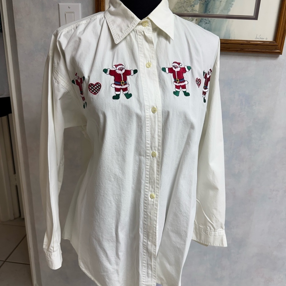 2 pc - Festive White Button Up Shirts with Santa & Teddy Bear Embroidery - Picture 4 of 13